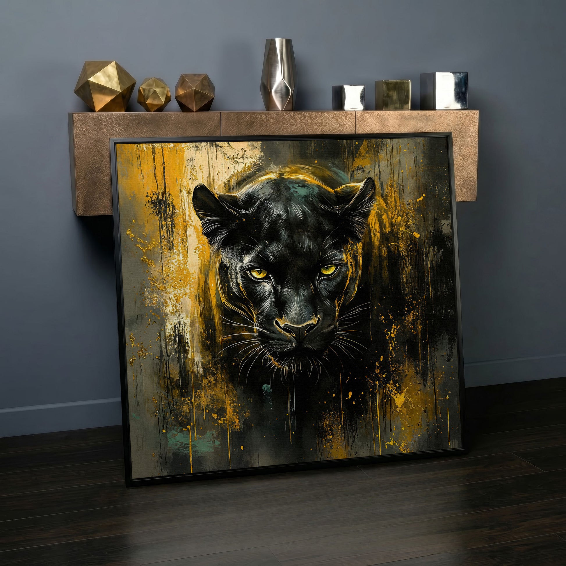 Black Panther Canvas Art with Abstract Accents in black floating frame