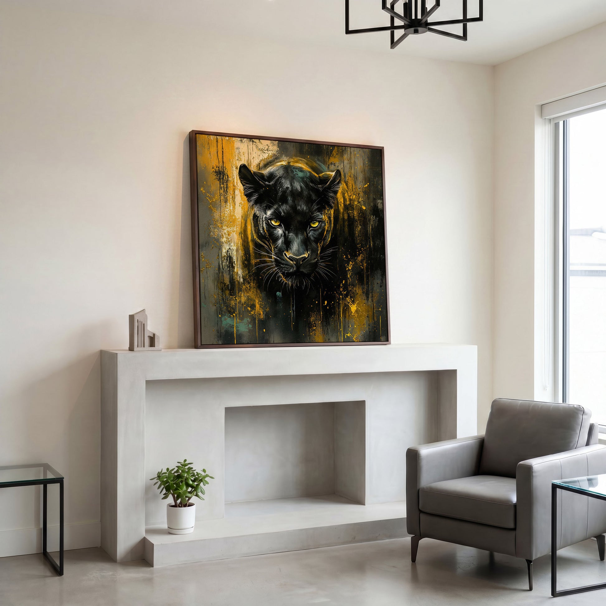 Black Panther Canvas Art with Abstract Accents in dark walnut floating frame