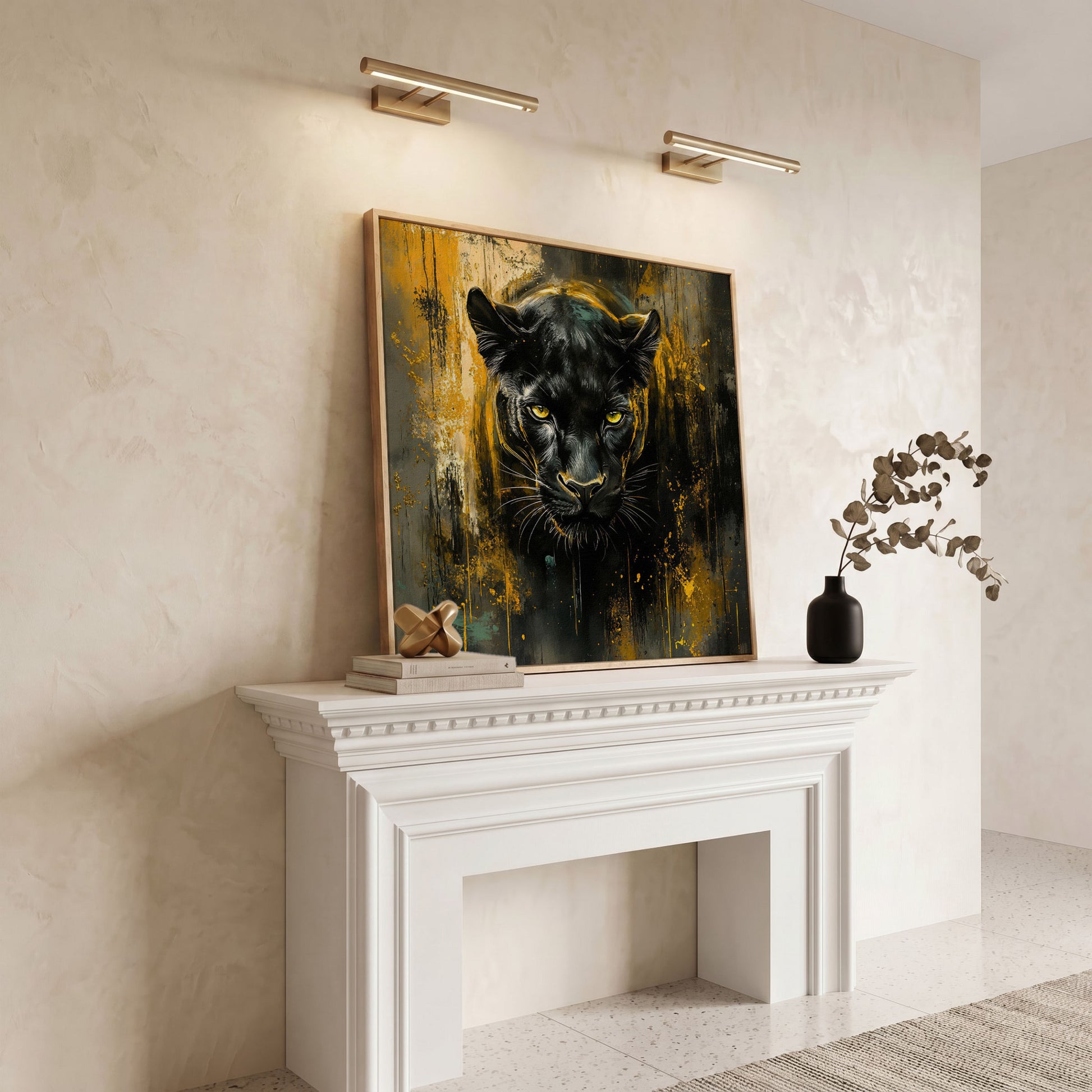 Black Panther Canvas Art with Abstract Accents in white oak floating frame