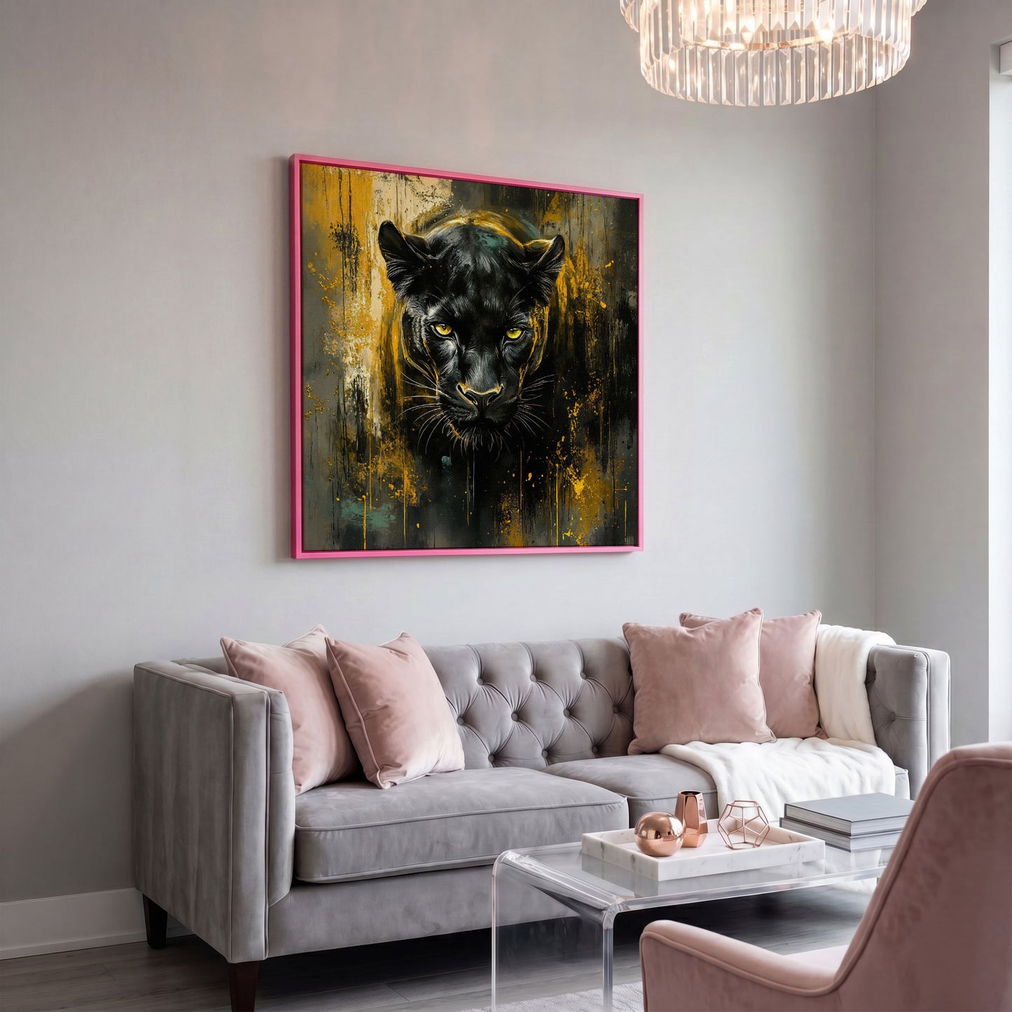 Black Panther Canvas Art with Abstract Accents in pink floating frame