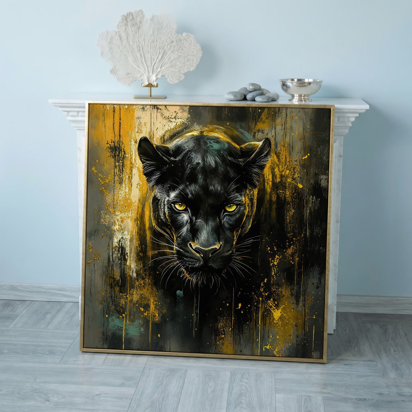 Black Panther Canvas Art with Abstract Accents in rose gold floating frame