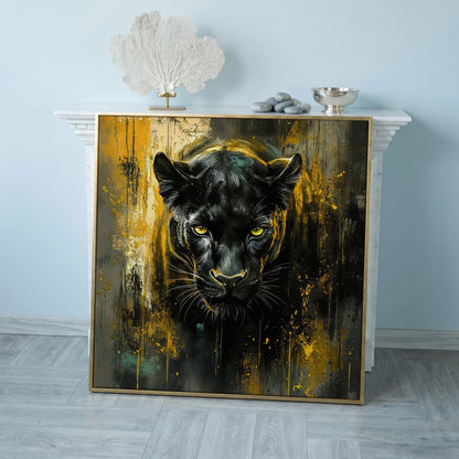 Black Panther Canvas Art with Abstract Accents in rose gold floating frame