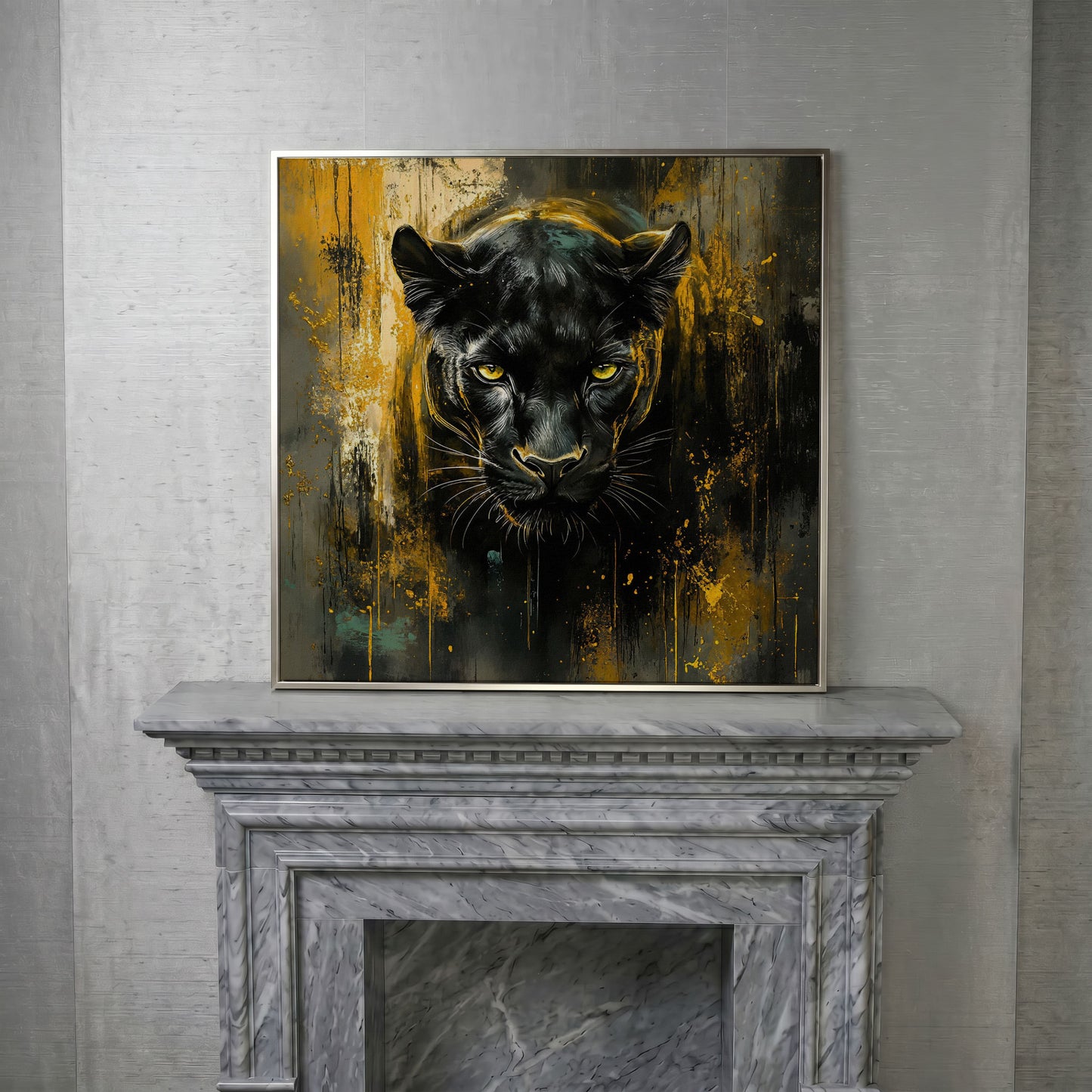 Black Panther Canvas Art with Abstract Accents in silver floating frame