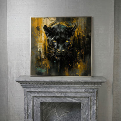 Black Panther Canvas Art with Abstract Accents in silver floating frame