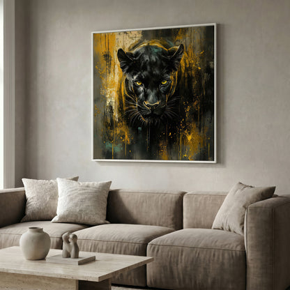 Black Panther Canvas Art with Abstract Accents in white floating frame