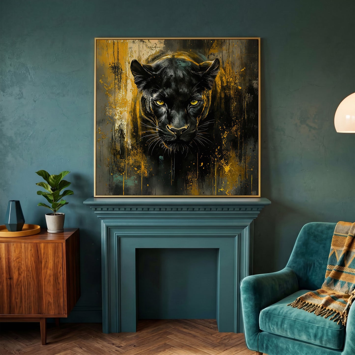 Black Panther Canvas Art with Abstract Accents in yellow gold floating frame