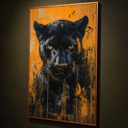 Black Panther Abstract Canvas Print shown in antique gold floating frame
