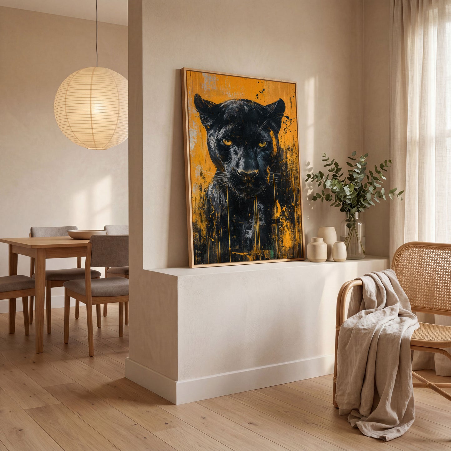 Black Panther Abstract Canvas Print in white oak floating frame