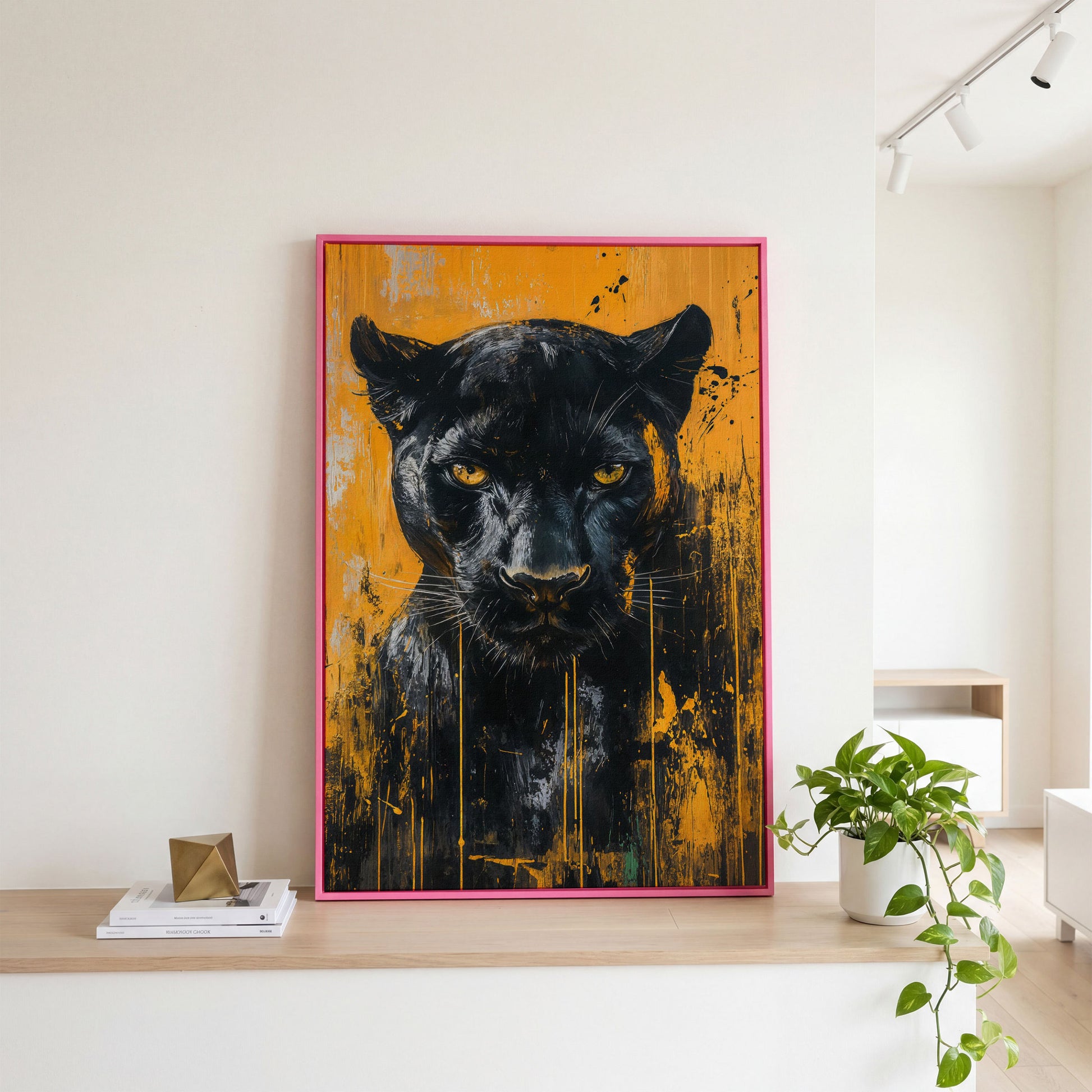 Black Panther Abstract Canvas Print in pink floating frame
