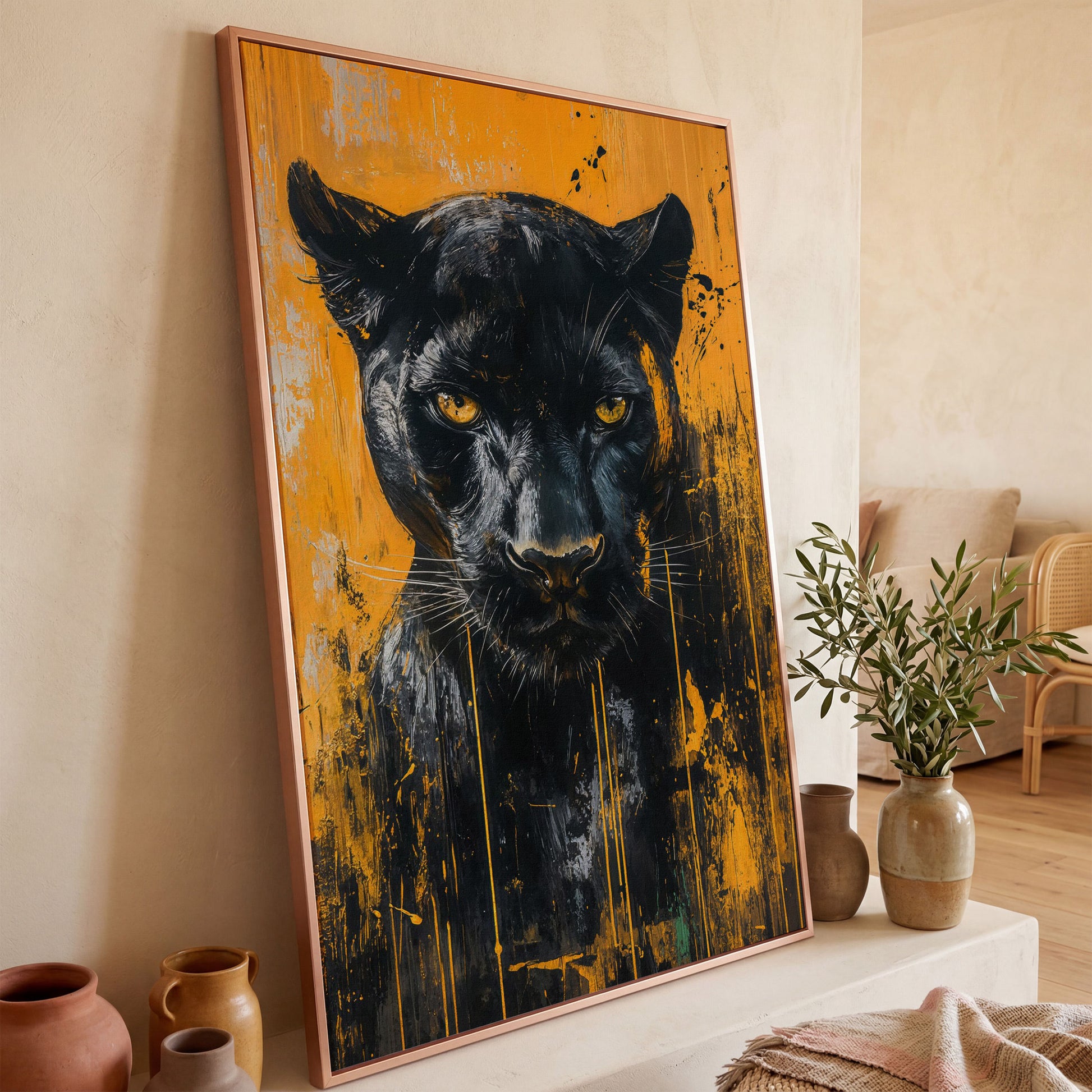 Black Panther Abstract Canvas Print in rose gold floating frame