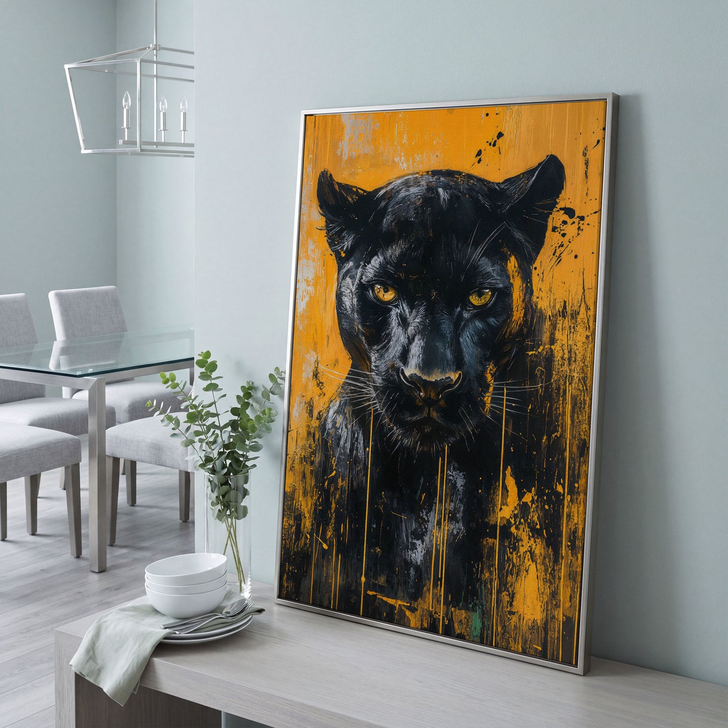 Black Panther Abstract Canvas Print in silver floating frame