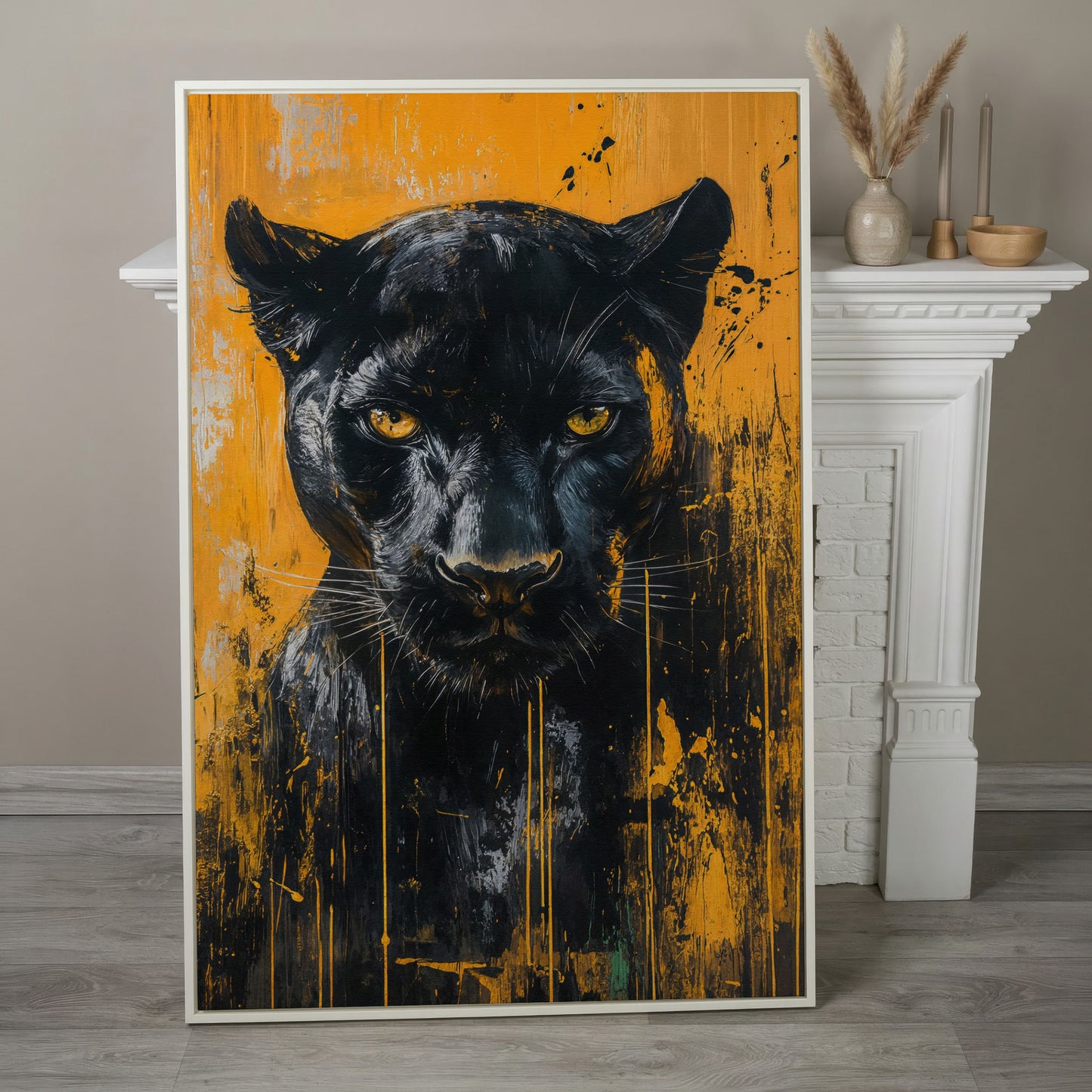 Black Panther Abstract Canvas Print in white floating frame