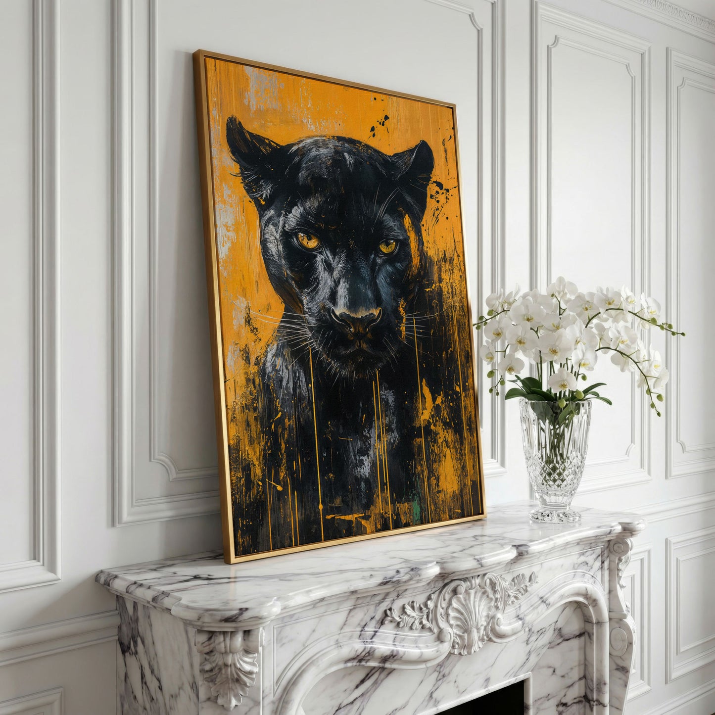 Black Panther Abstract Canvas Print in yellow gold floating frame