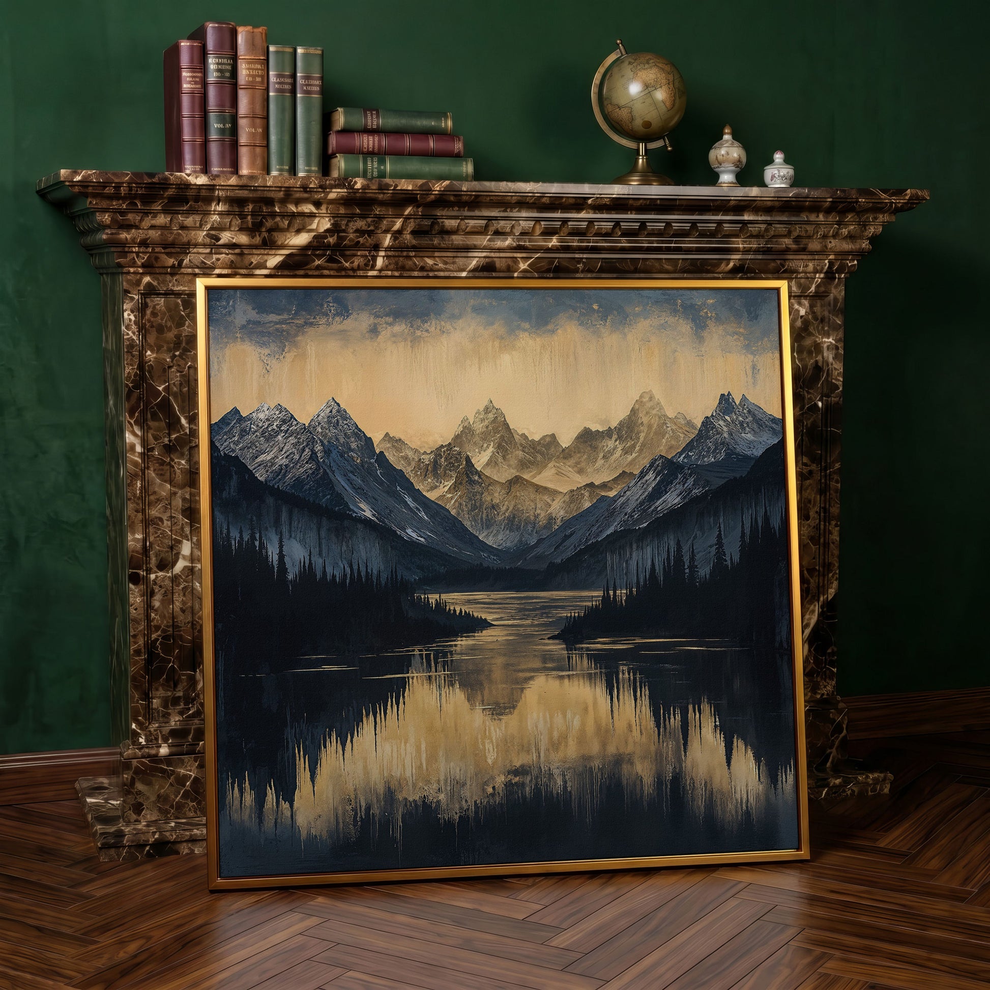 Mountain Lake with Snowy Peaks Canvas in antique gold floating frame