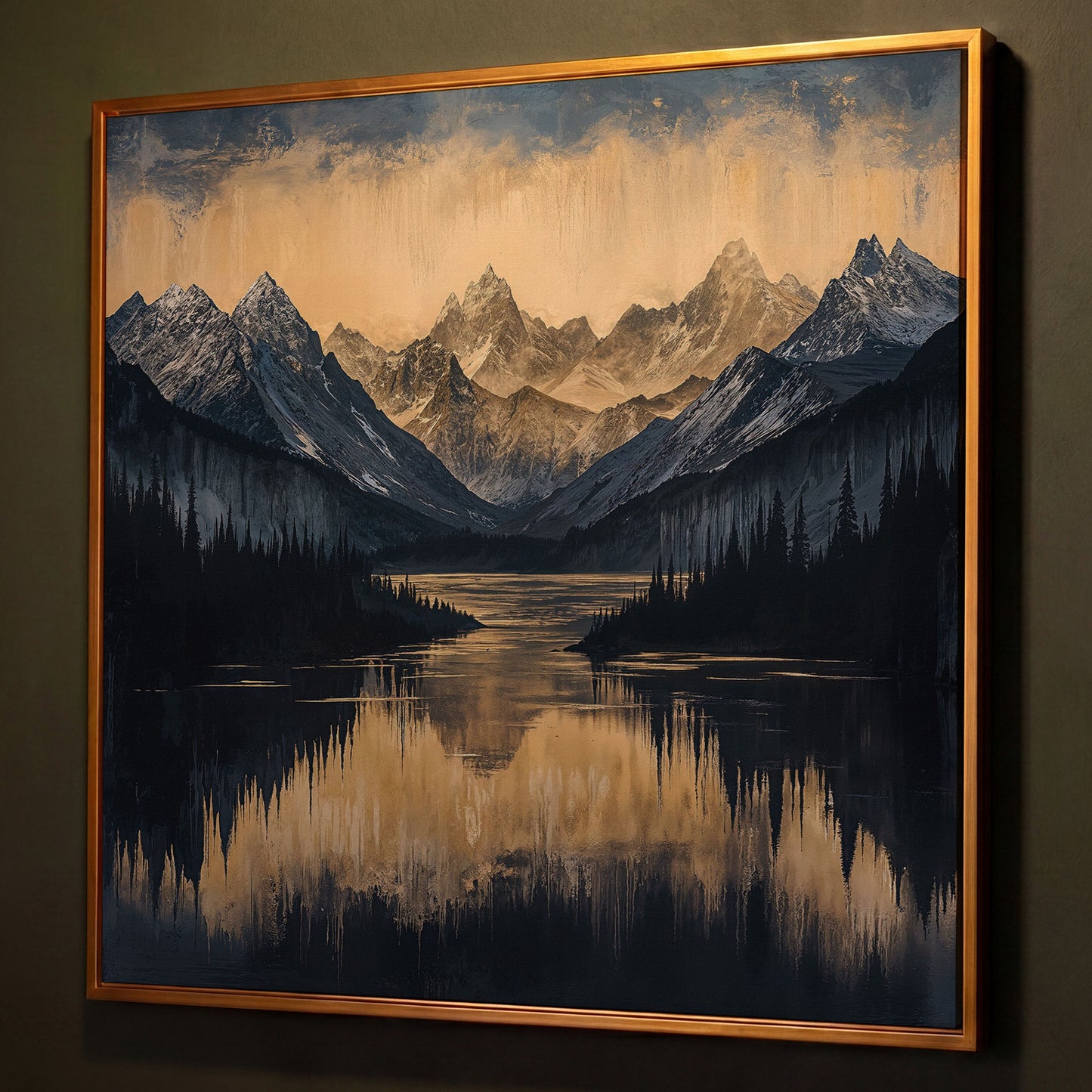 Mountain Lake with Snowy Peaks Canvas shown in antique gold floating frame