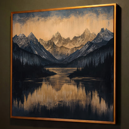 Mountain Lake with Snowy Peaks Canvas shown in antique gold floating frame