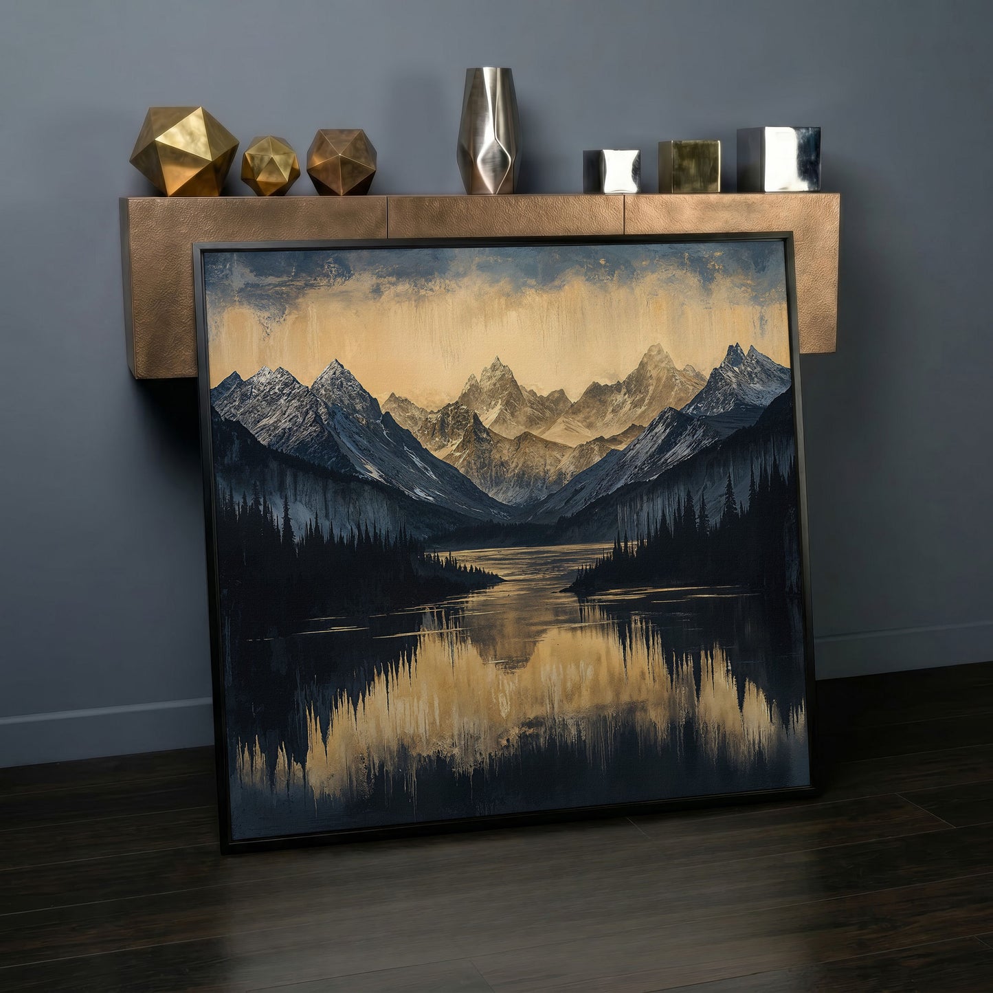 Mountain Lake with Snowy Peaks Canvas in black floating frame