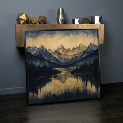 Mountain Lake with Snowy Peaks Canvas in black floating frame