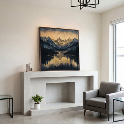 Mountain Lake with Snowy Peaks Canvas in dark walnut floating frame
