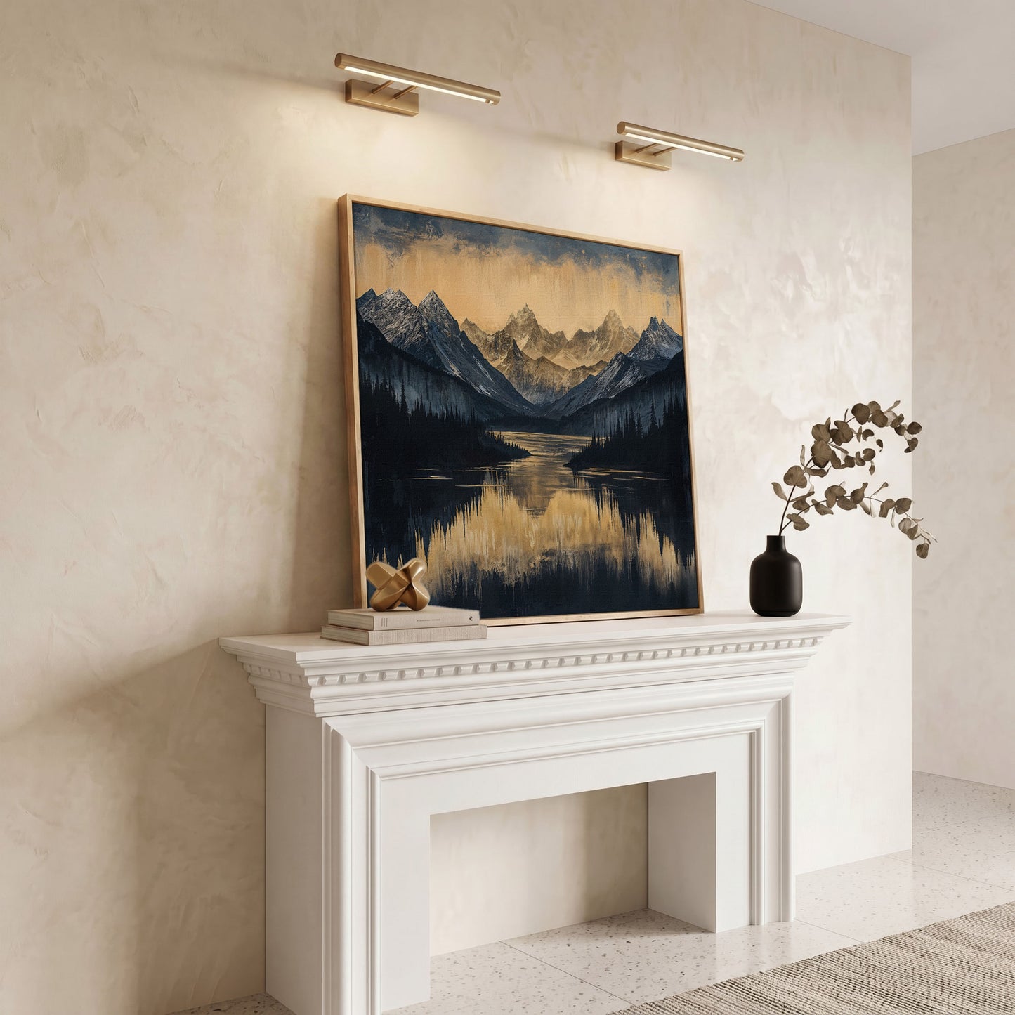 Mountain Lake with Snowy Peaks Canvas in white oak floating frame
