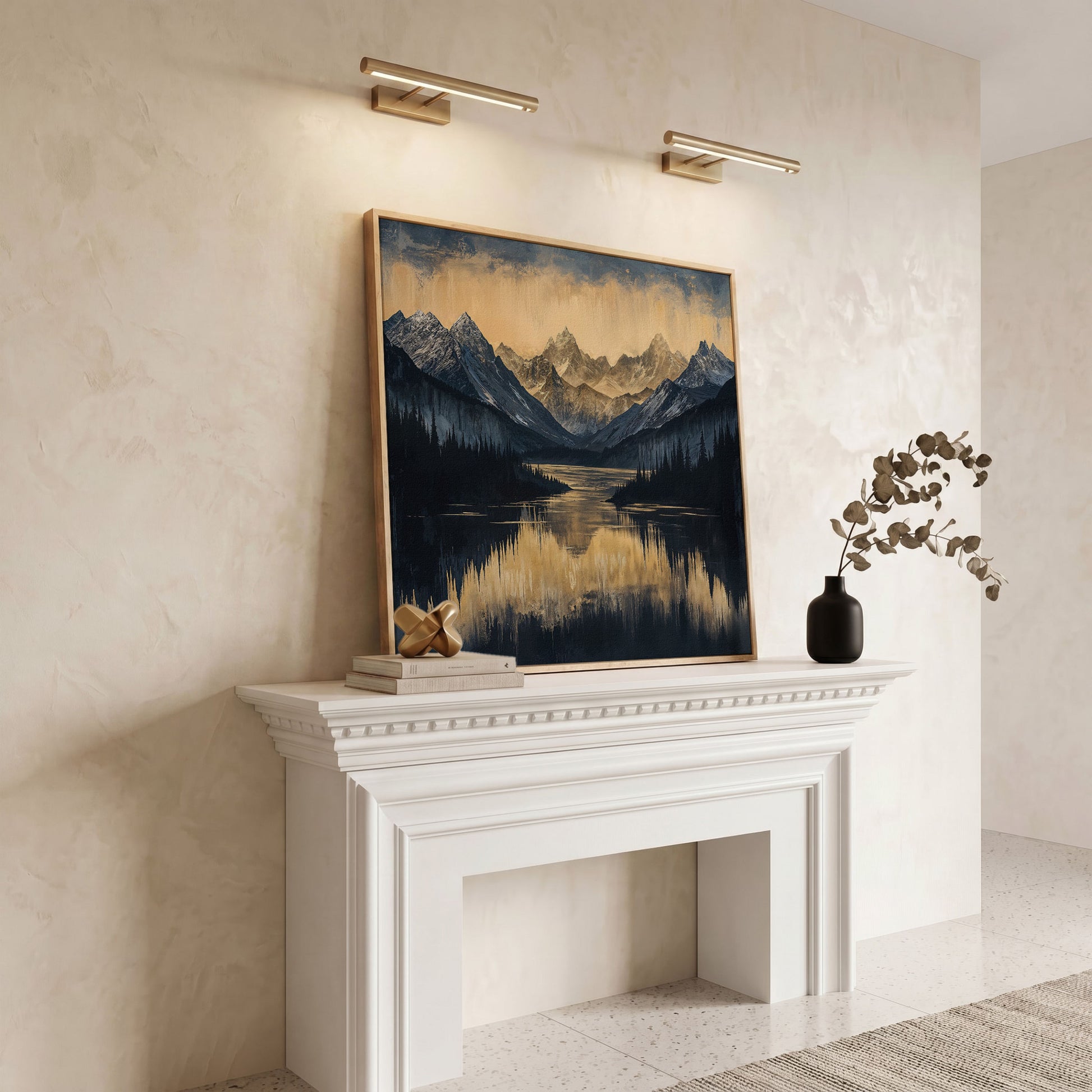 Mountain Lake with Snowy Peaks Canvas in white oak floating frame