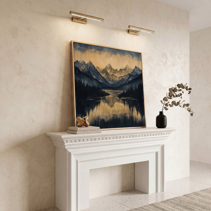 Mountain Lake with Snowy Peaks Canvas in white oak floating frame