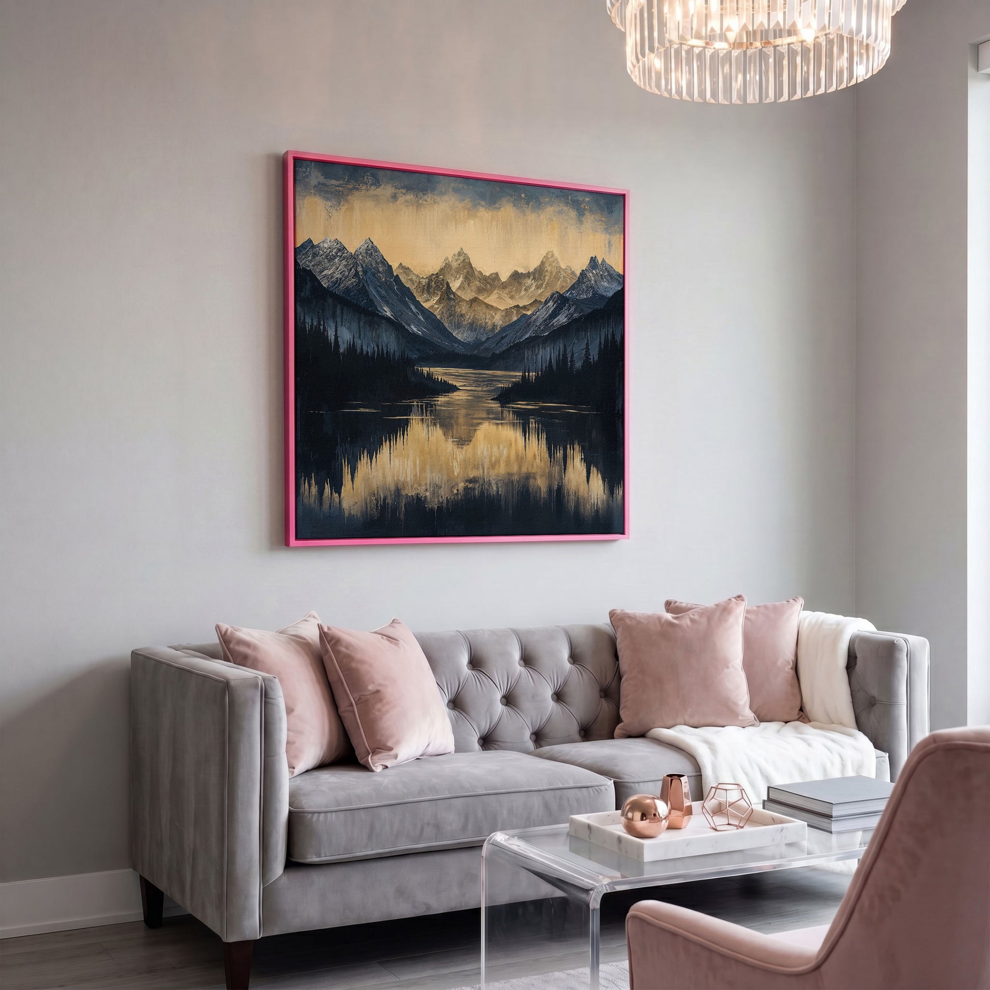 Mountain Lake with Snowy Peaks Canvas in pink floating frame