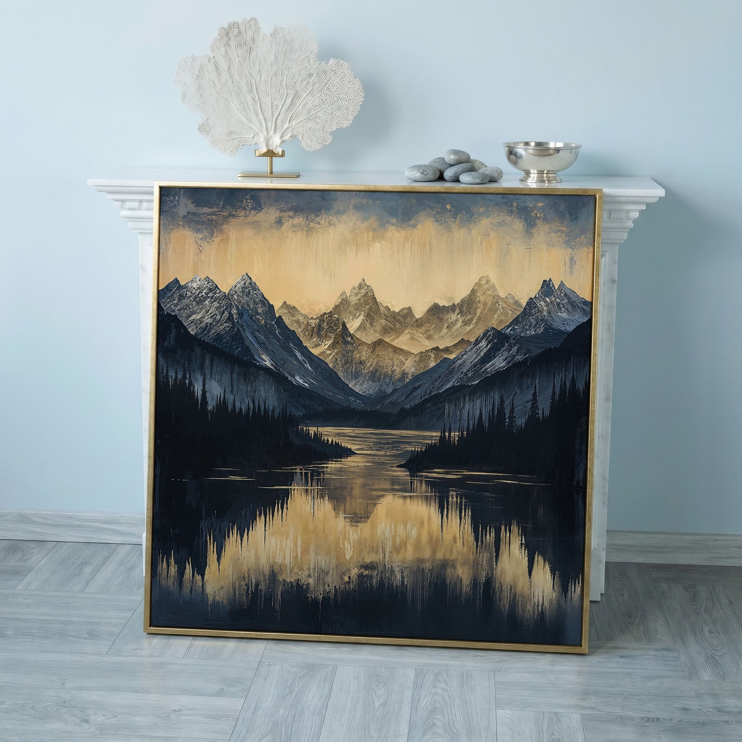 Mountain Lake with Snowy Peaks Canvas in rose gold floating frame