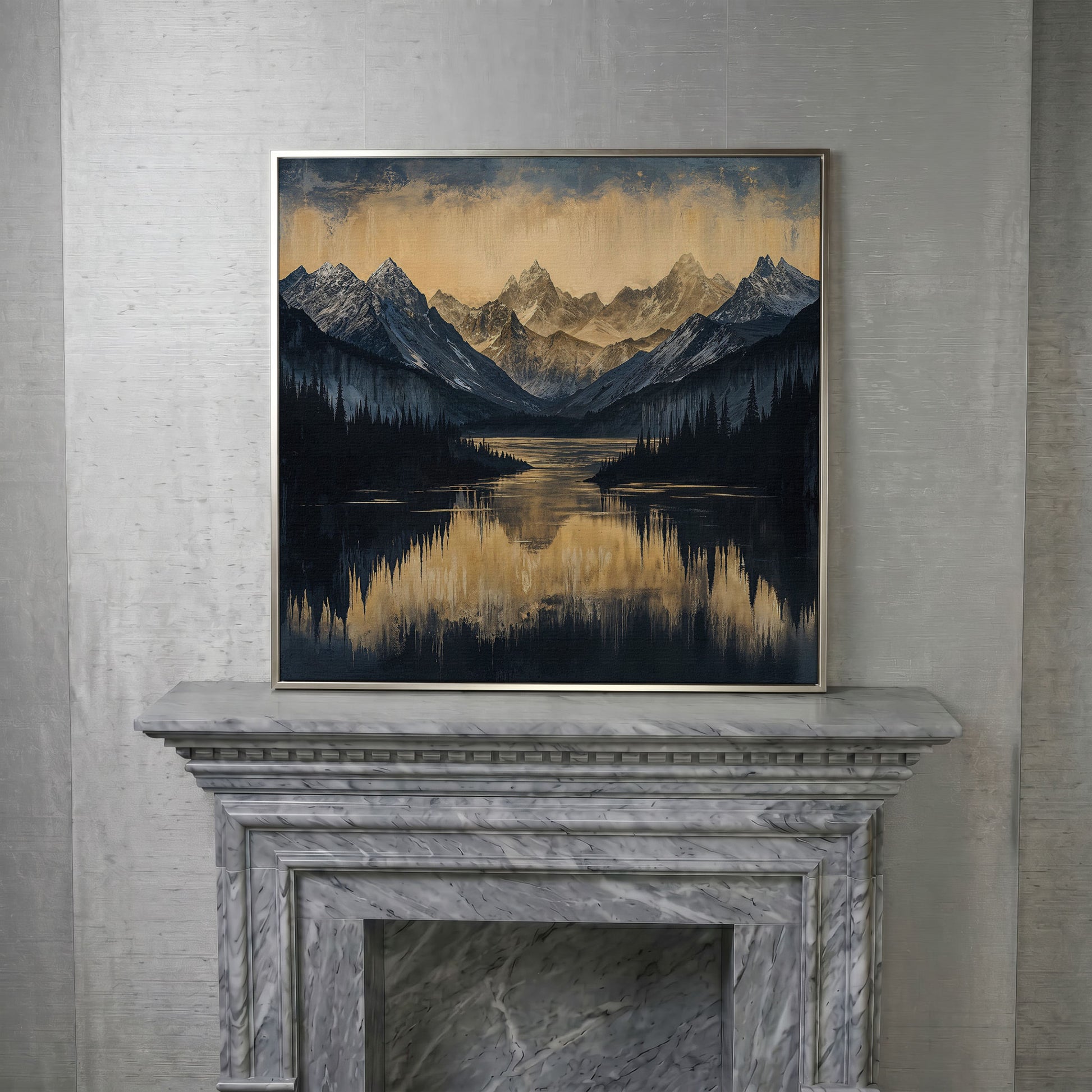 Mountain Lake with Snowy Peaks Canvas in silver floating frame