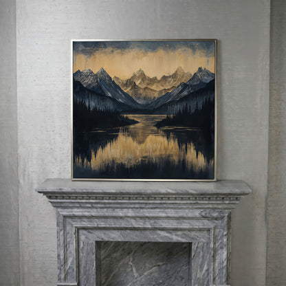 Mountain Lake with Snowy Peaks Canvas in silver floating frame