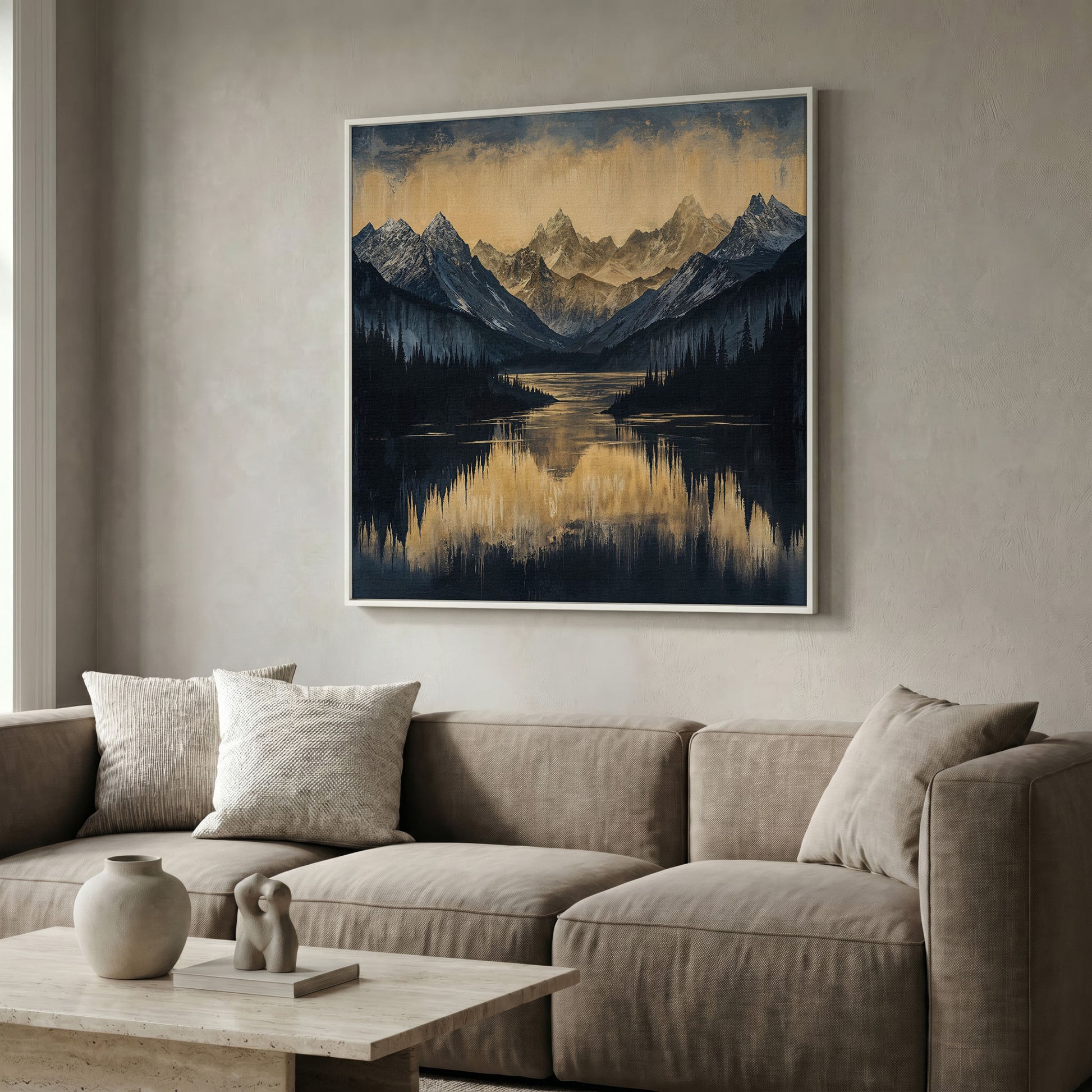 Mountain Lake with Snowy Peaks Canvas in white floating frame