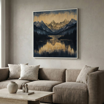 Mountain Lake with Snowy Peaks Canvas in white floating frame