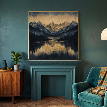 Mountain Lake with Snowy Peaks Canvas in yellow gold floating frame