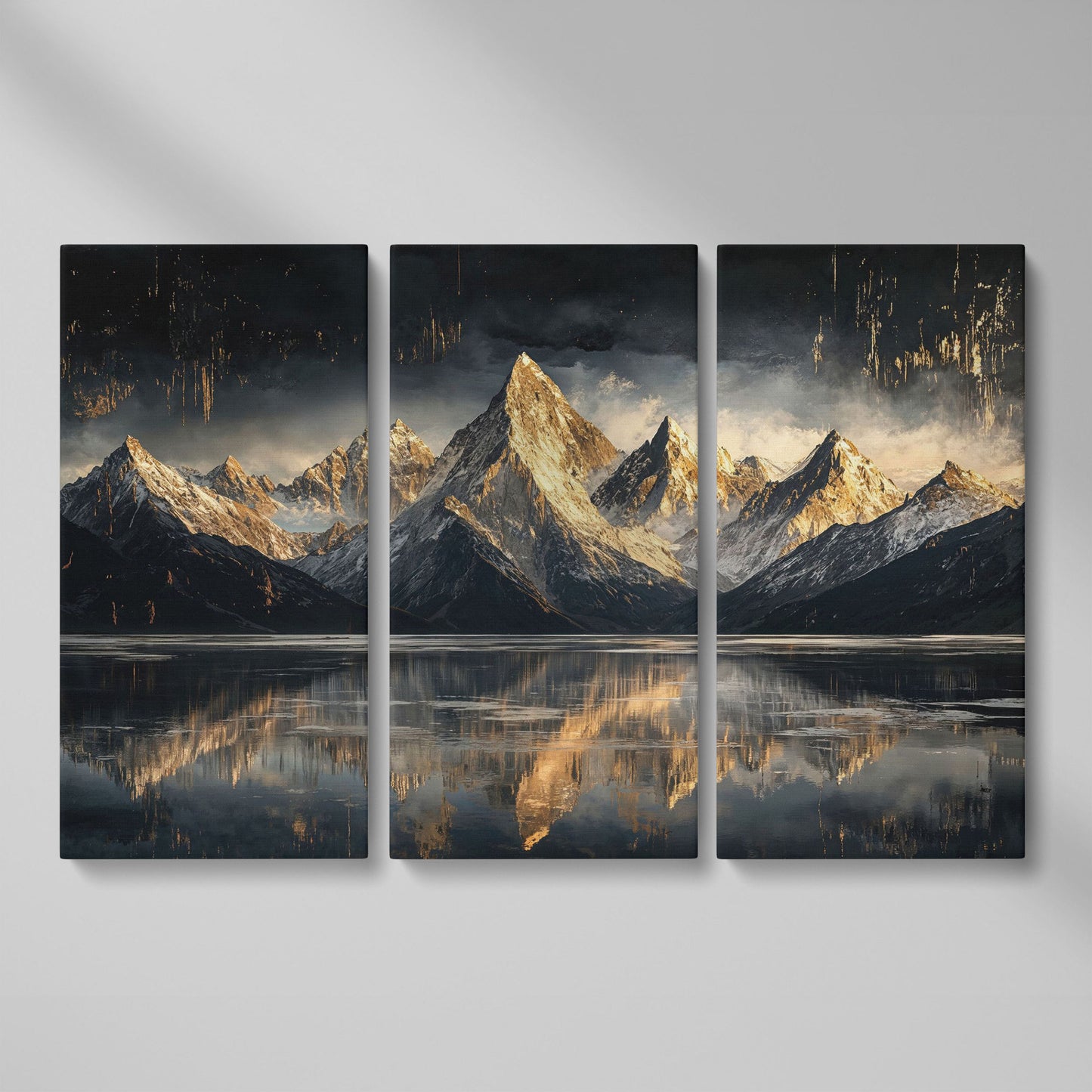 Golden Snowy Peaks Panoramic Canvas as 3-panel split version
