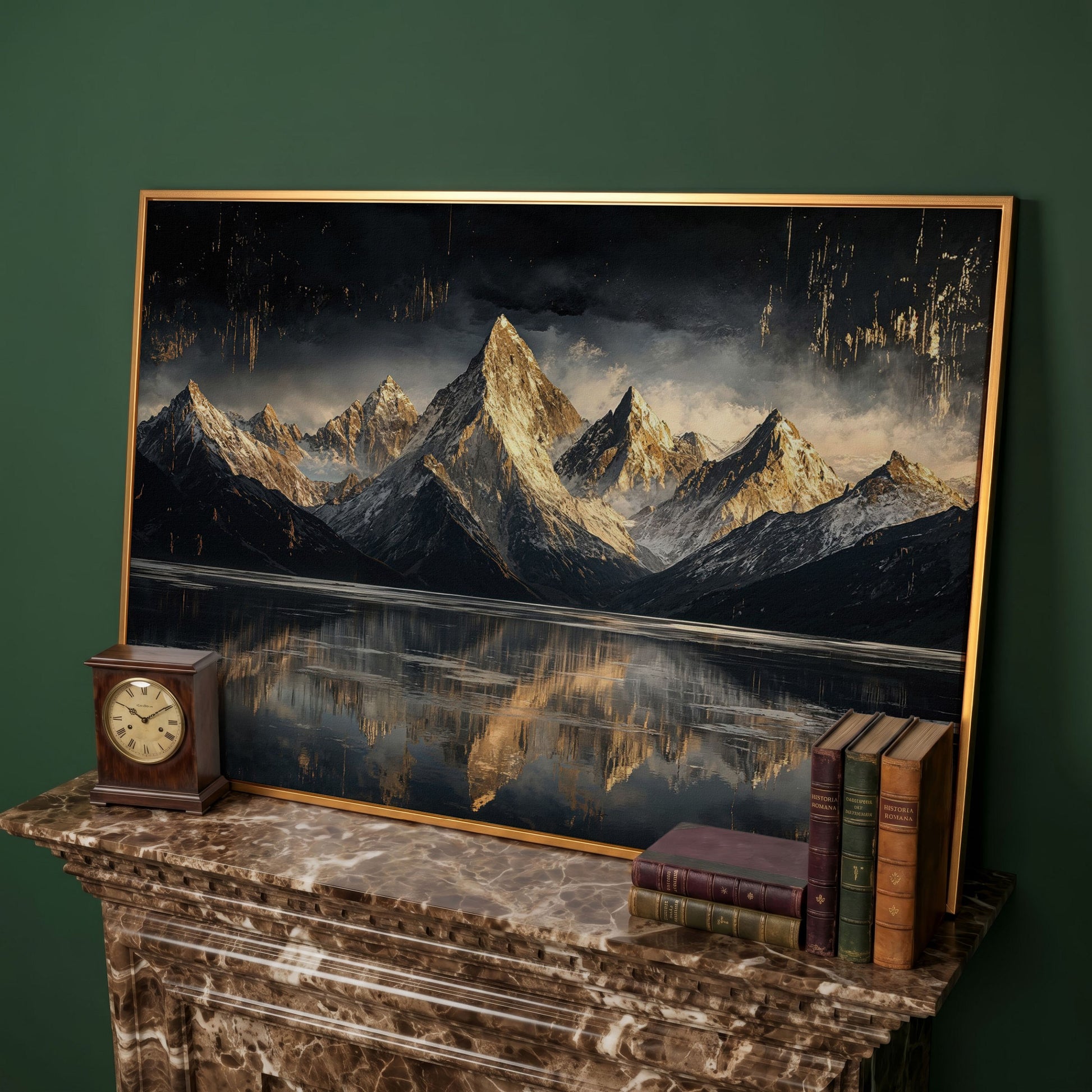 Golden Snowy Peaks Panoramic Canvas in antique gold floating frame
