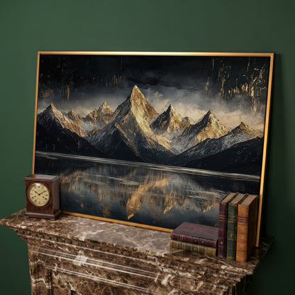 Golden Snowy Peaks Panoramic Canvas in antique gold floating frame