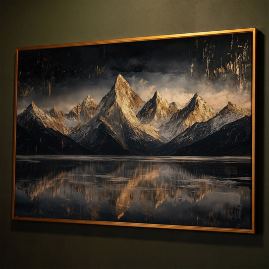 Golden Snowy Peaks Panoramic Canvas shown in antique gold floating frame