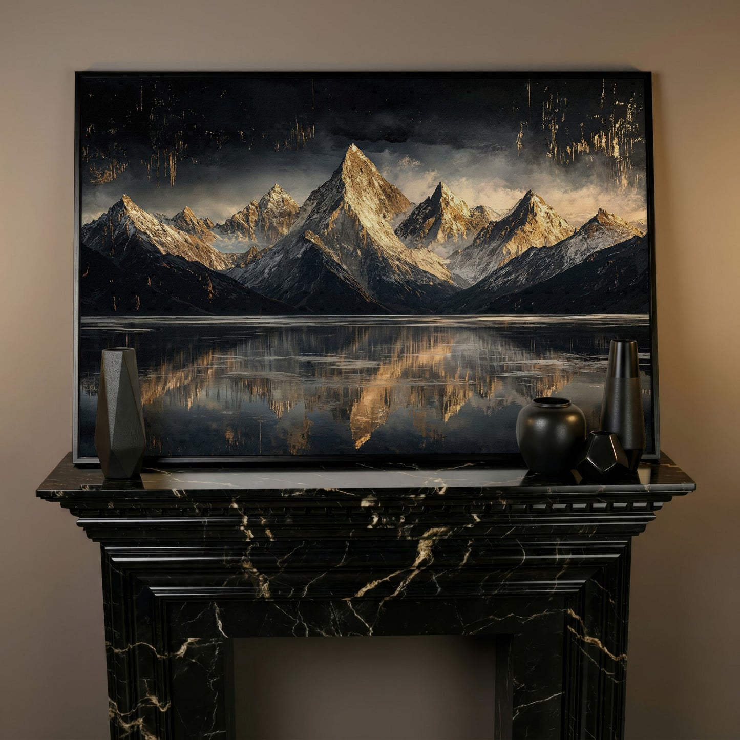 Golden Snowy Peaks Panoramic Canvas in black floating frame