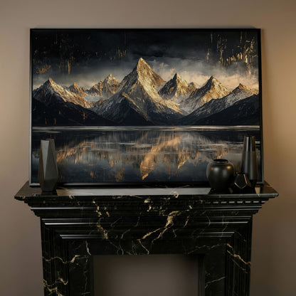 Golden Snowy Peaks Panoramic Canvas in black floating frame