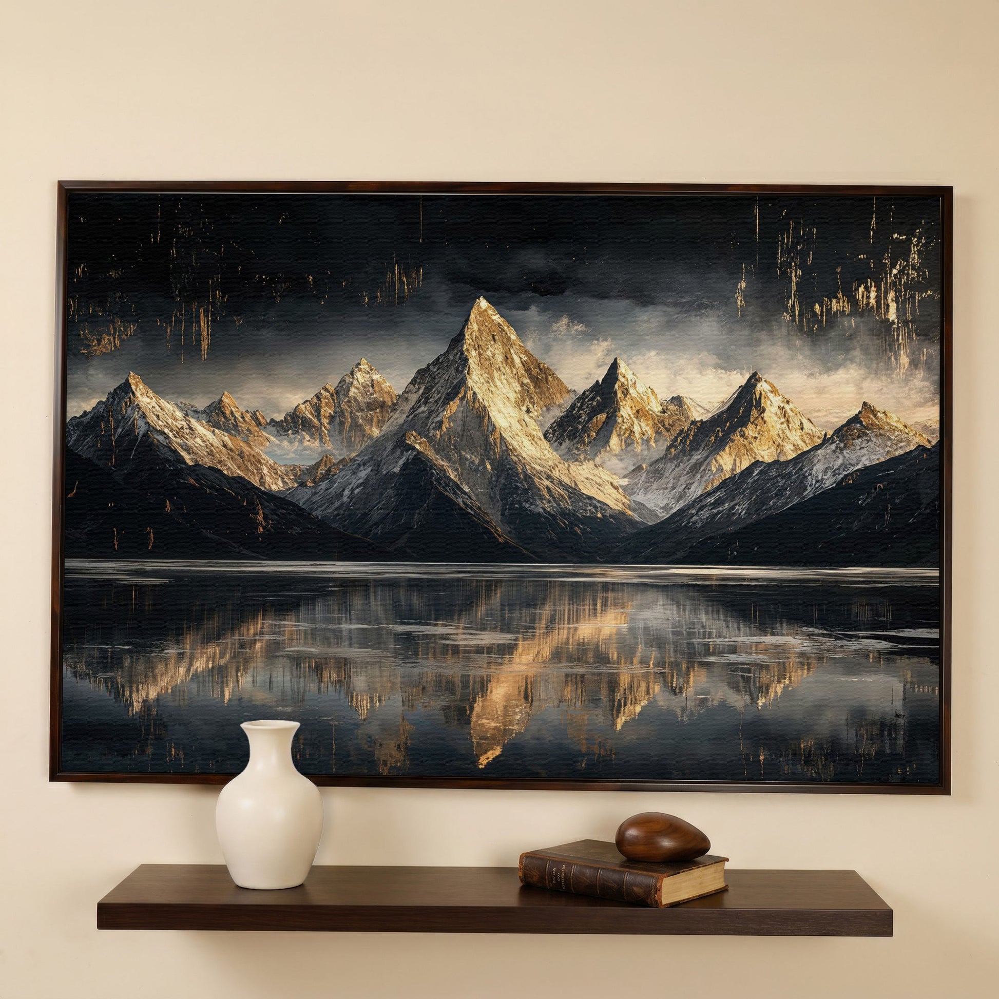Golden Snowy Peaks Panoramic Canvas in dark walnut floating frame