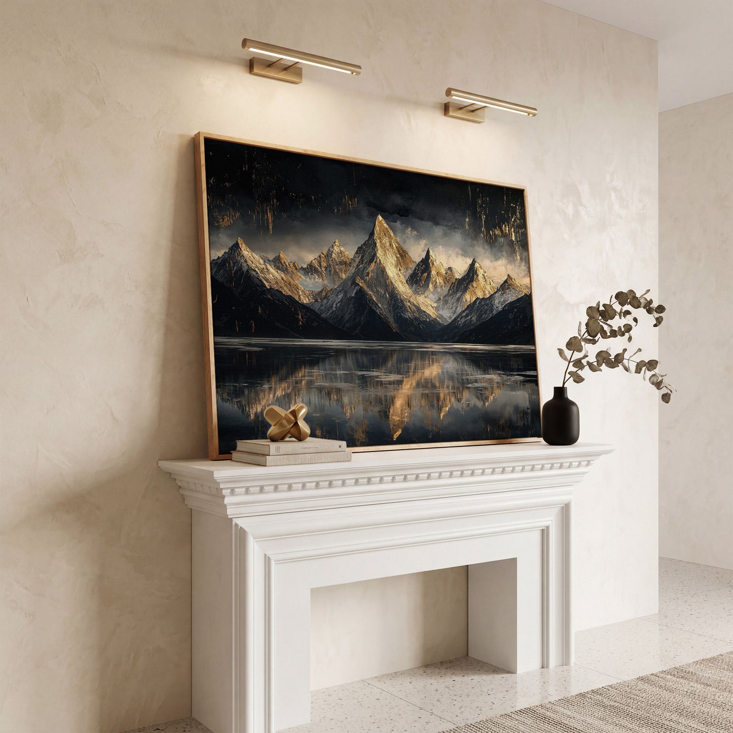 Golden Snowy Peaks Panoramic Canvas in white oak floating frame