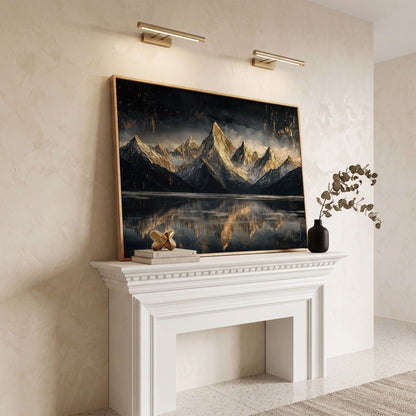 Golden Snowy Peaks Panoramic Canvas in white oak floating frame