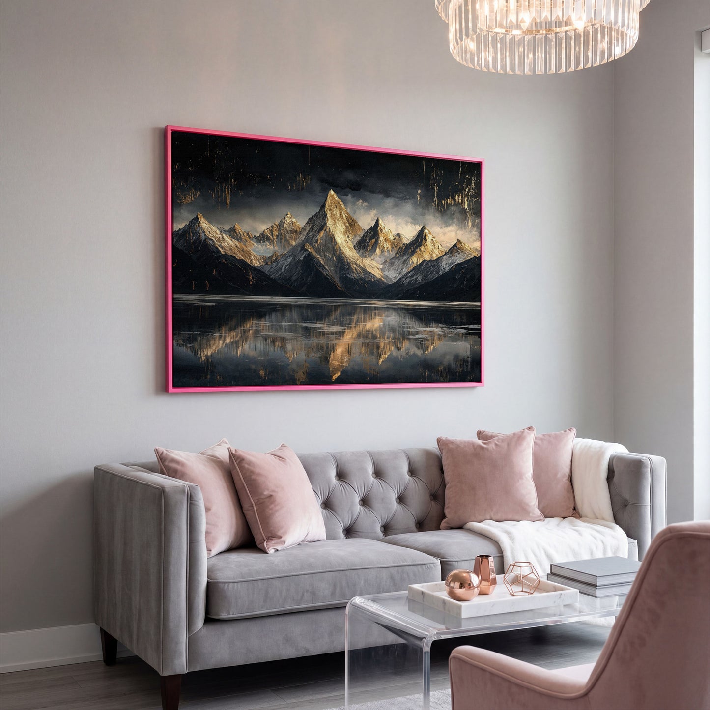 Golden Snowy Peaks Panoramic Canvas in pink floating frame