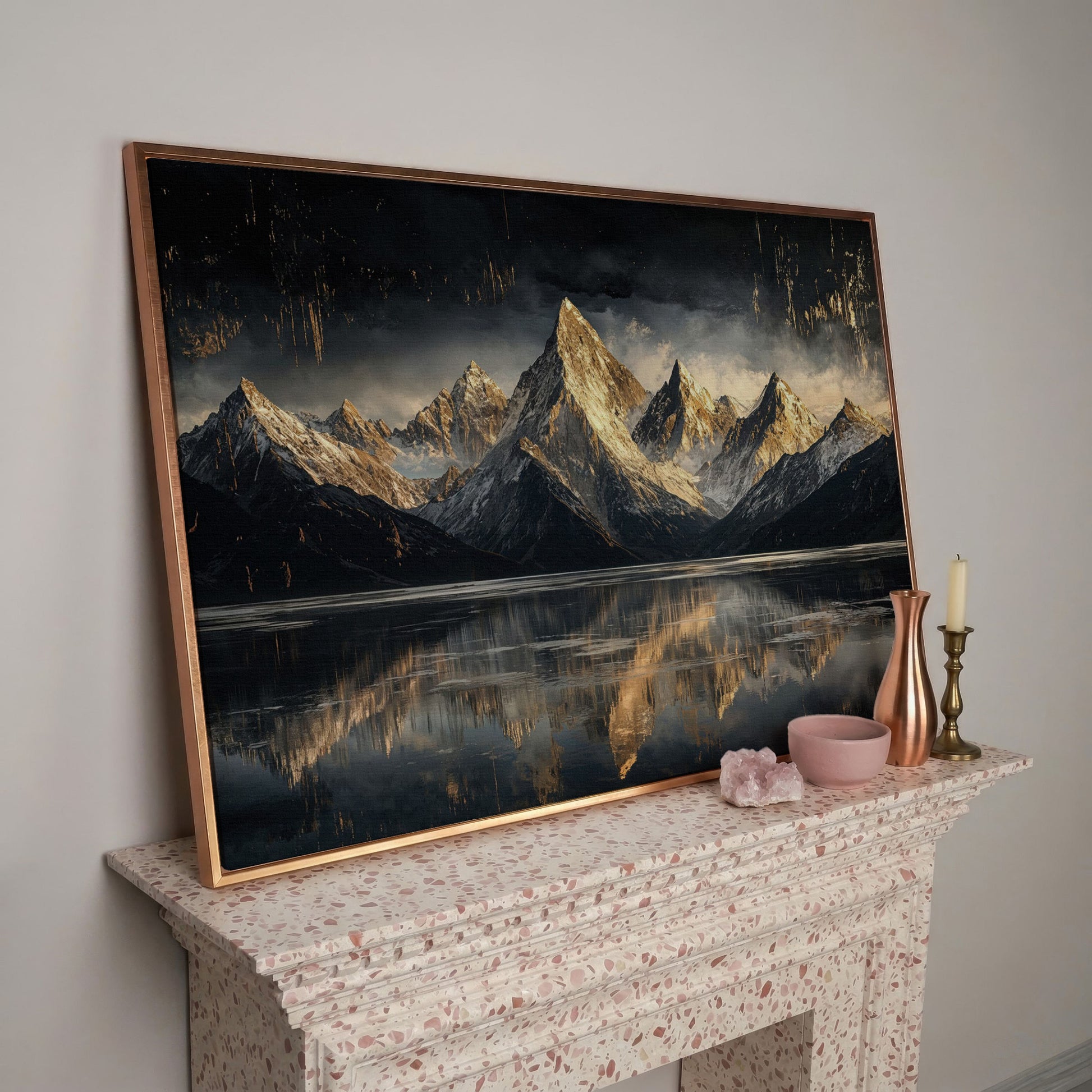 Golden Snowy Peaks Panoramic Canvas in rose gold floating frame