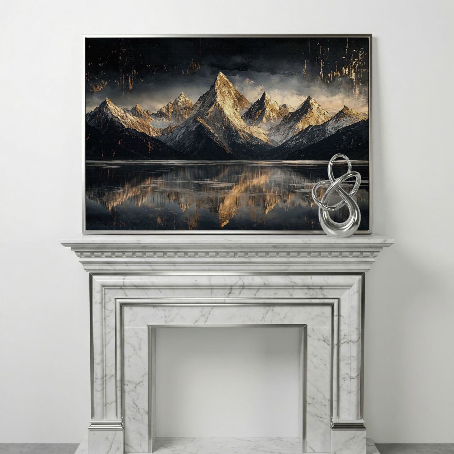 Golden Snowy Peaks Panoramic Canvas in silver floating frame