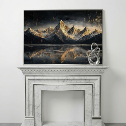 Golden Snowy Peaks Panoramic Canvas in silver floating frame