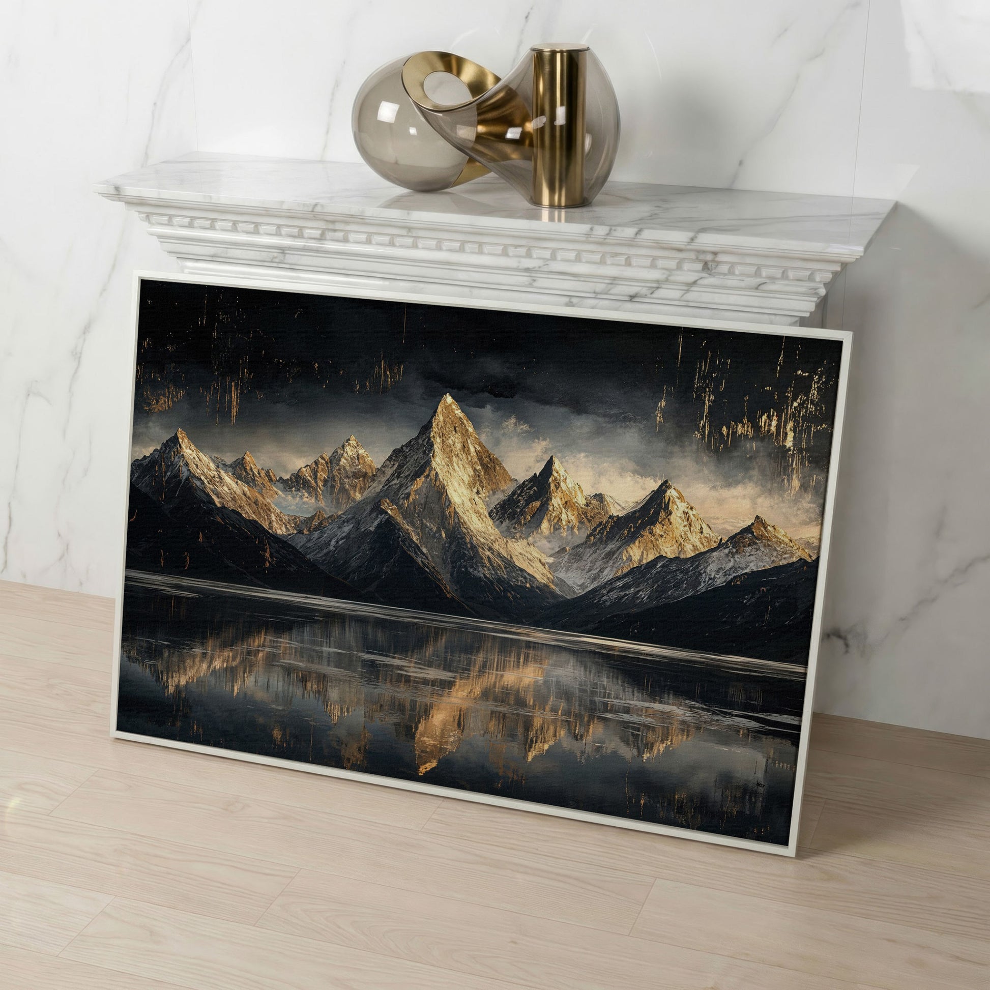 Golden Snowy Peaks Panoramic Canvas in white floating frame