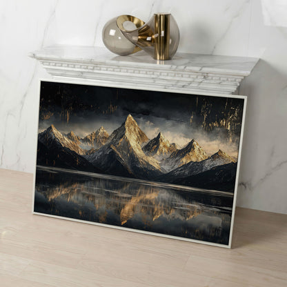 Golden Snowy Peaks Panoramic Canvas in white floating frame