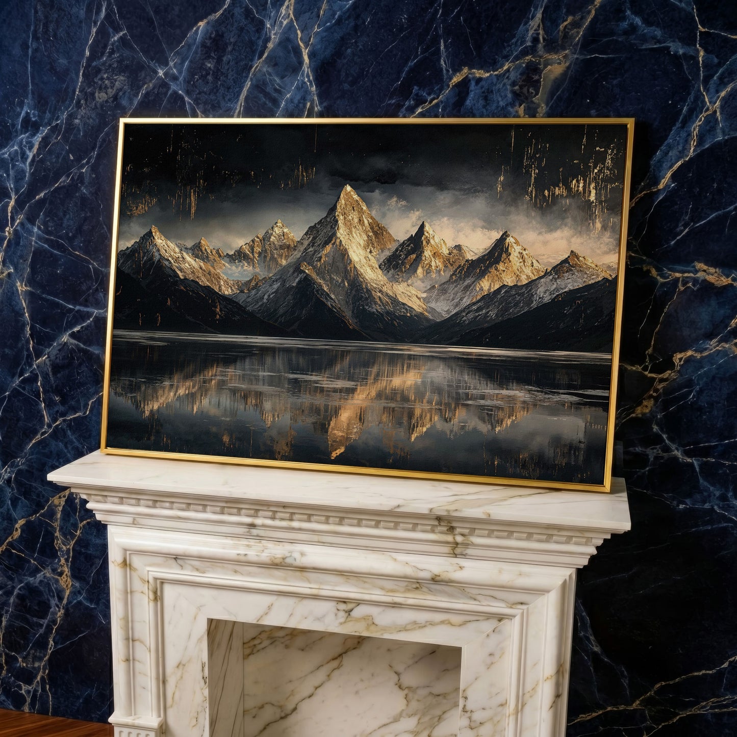 Golden Snowy Peaks Panoramic Canvas in yellow gold floating frame