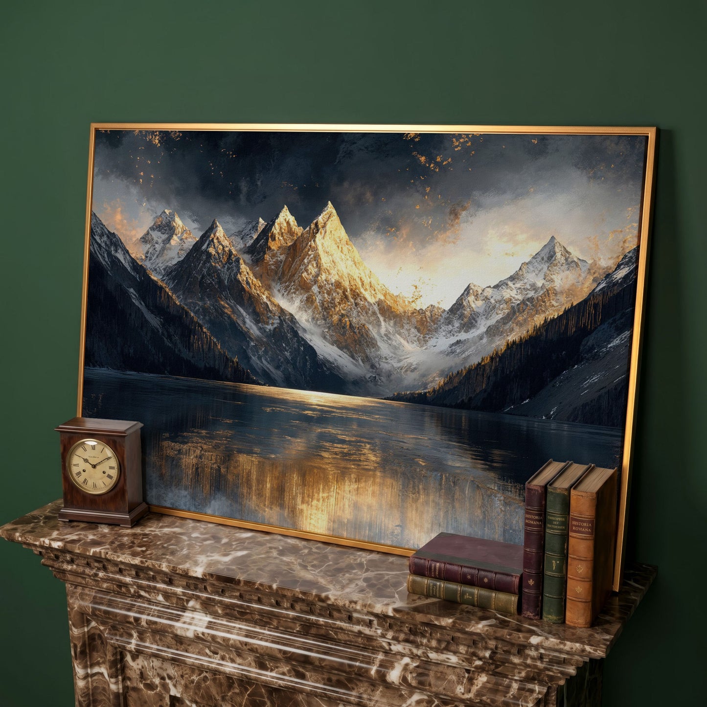 Mountain Sunset with Lake Reflection Canvas in antique gold floating frame